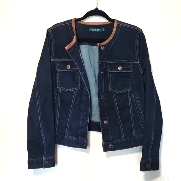 Ralph Lauren Dark Blue Denim Jacket Leather Trim Collar Large - Picture 12 of 13